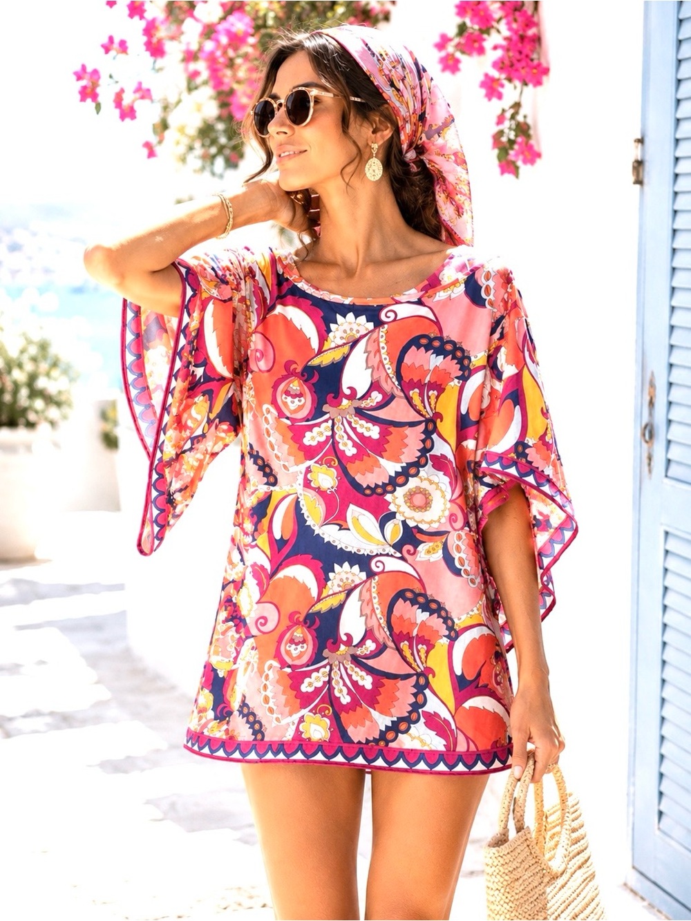 Trina Turk Floral Tunic Cover Up Dress L Resort Beach Boho
